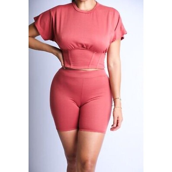 Pants - Women's Short Sleeves Corseted Top And Matching Biker Shorts 2 Piece Outfit Set